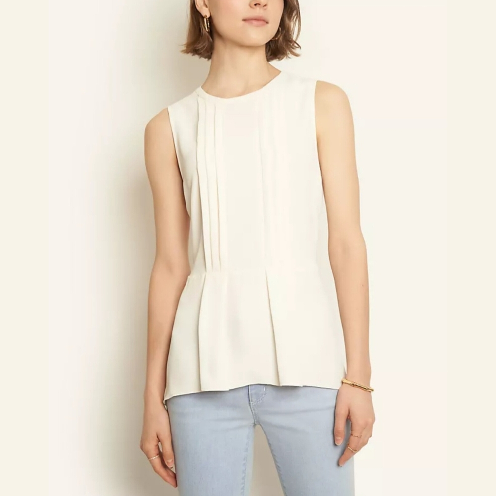 Ann Taylor Petite Ivory Peplum Top | Mixed Media Sleeveless MP Romantic Office
